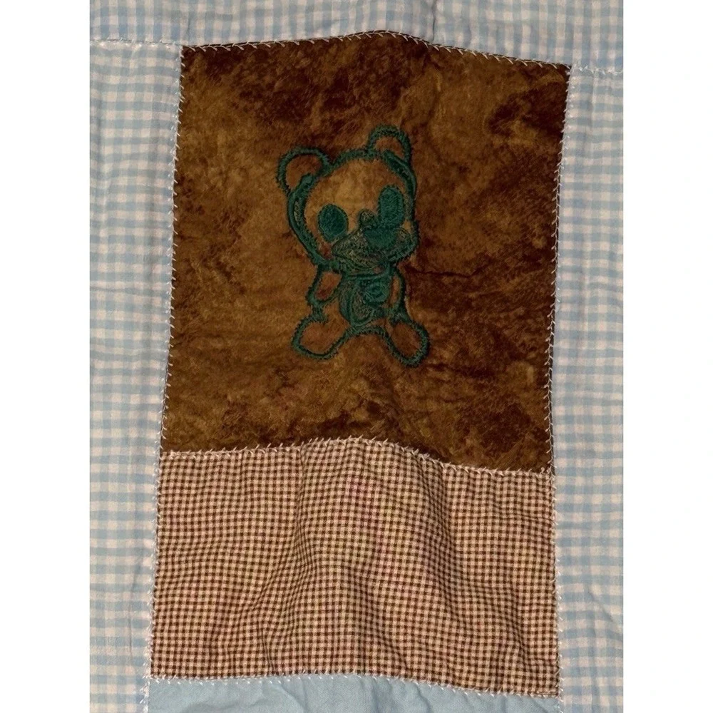 Baby Boy Patchwork Quilt Teddy Bear Blue Brown 32x32 Crib Stroller Blanket